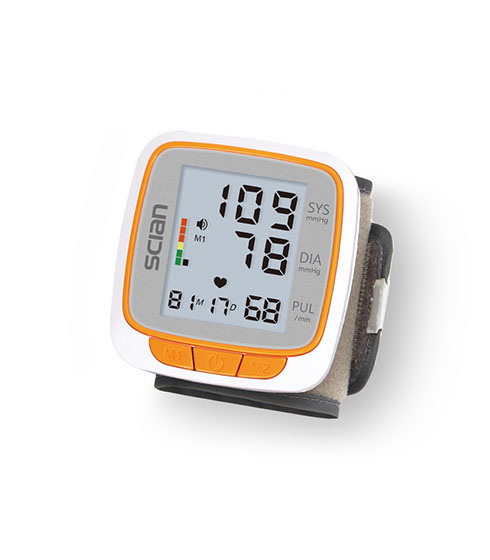 SCIAN wrist blood pressure monitor display showing SYS DIA PUL and memory indicators